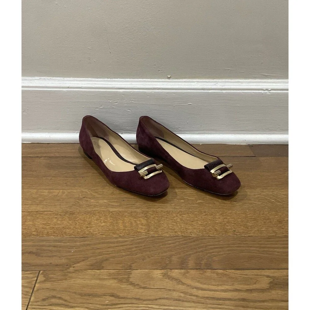 Michael Kors Gloria Women's 7.5 Plum Suede Ballet Flats Gold Buckle Slip-On Shoe
